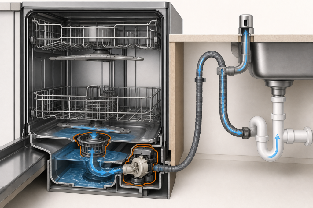 Illustration of a dishwasher drain path showing the filter, sump pump, drain hose high loop, air gap and sink connection