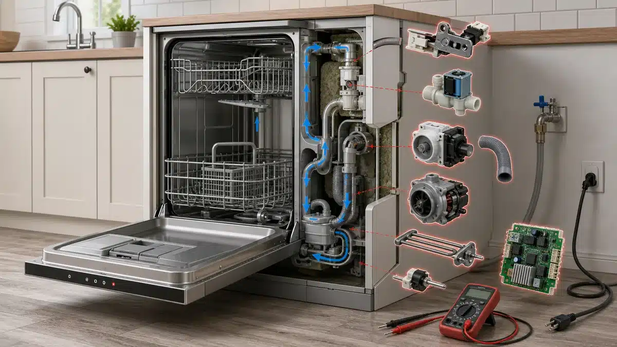 Illustrative dishwasher cutaway showing the door latch, inlet valve, pumps, heating element, thermistor and control board