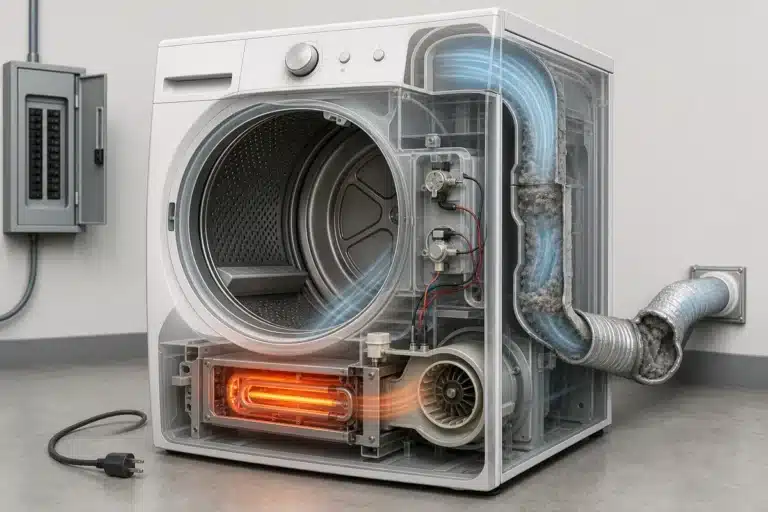 Illustrative cutaway of an electric dryer showing the heating element, thermal fuse, thermostats and exhaust airflow