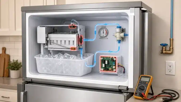 Illustrative freezer cutaway showing an ice maker, fill tube, water inlet valve, supply line and control module