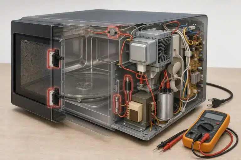 Illustrative cutaway of microwave components that can prevent heating, including door switches, fuse, diode, capacitor and magnetron