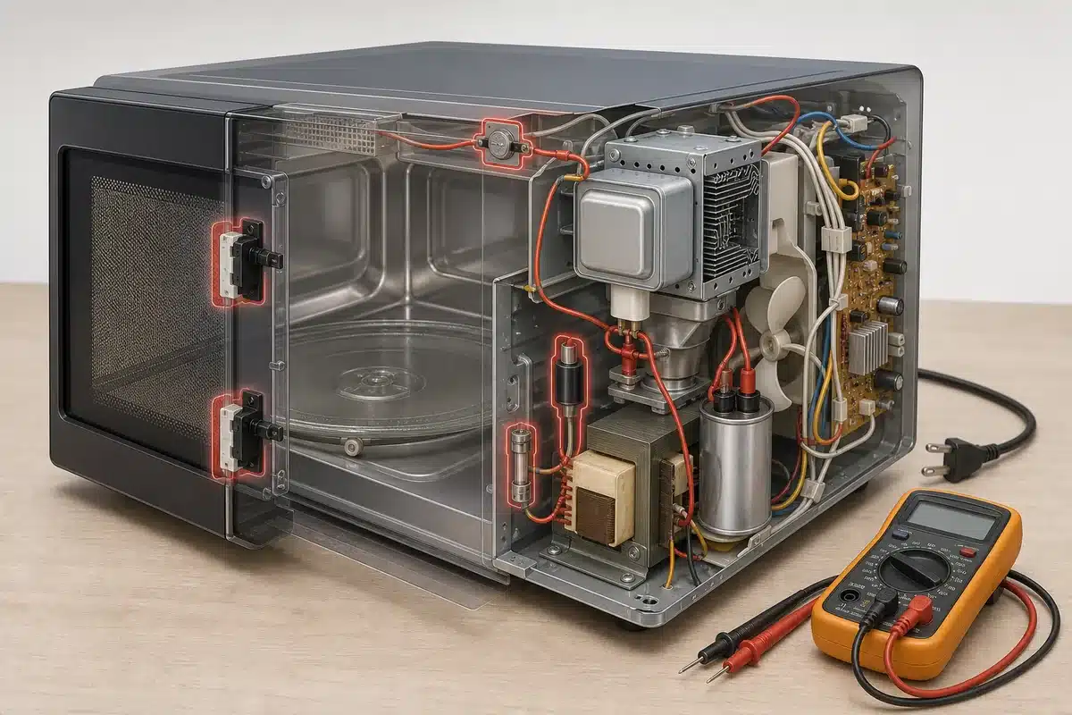 Illustrative cutaway of microwave components that can prevent heating, including door switches, fuse, diode, capacitor and magnetron
