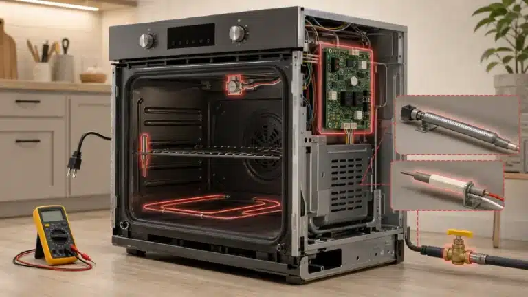 Illustrative oven cutaway showing a bake element, igniter, temperature sensor, thermal fuse and control board