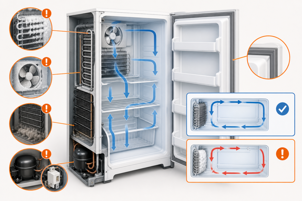Illustration of freezer airflow and common trouble areas including frost-covered coils, the evaporator fan, condenser, compressor and door gasket
