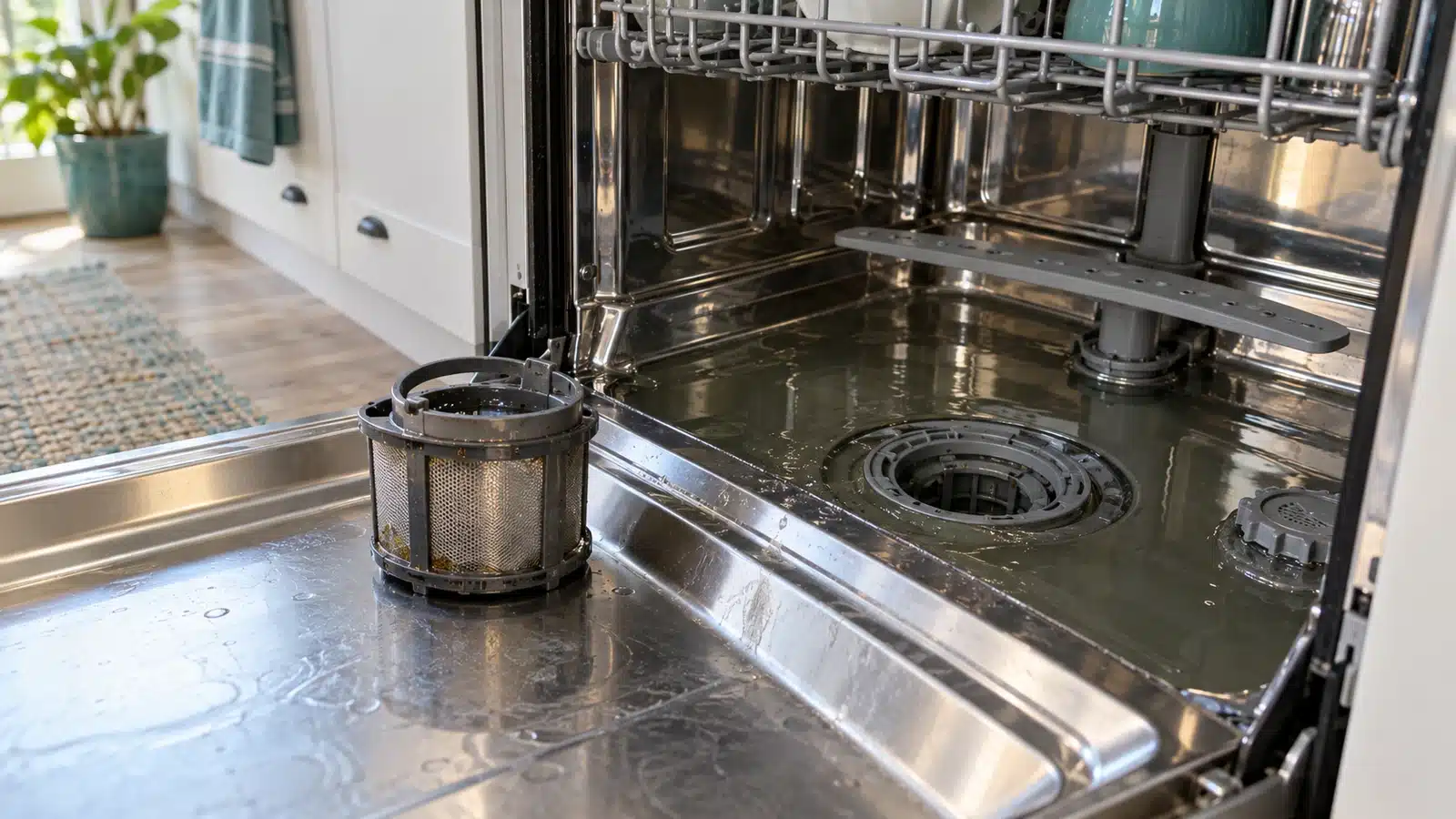 Open dishwasher with standing water and a removed mesh filter