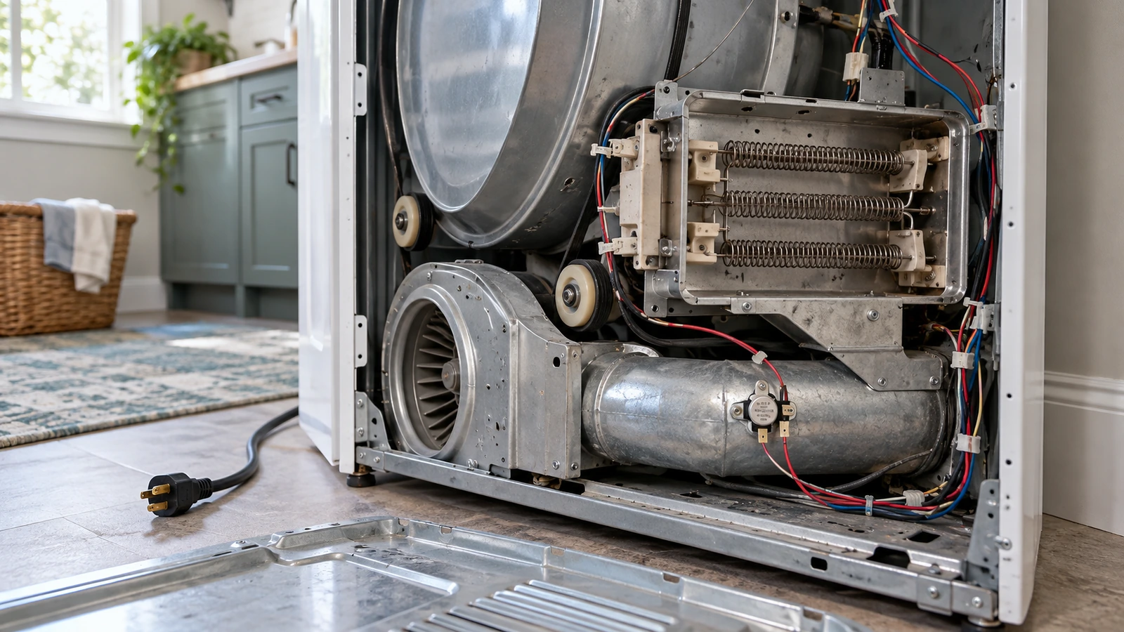 Heating element housing and thermal fuse behind a dryer service panel