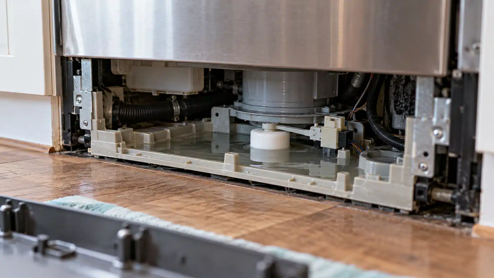 Water around the float switch in an exposed dishwasher base pan