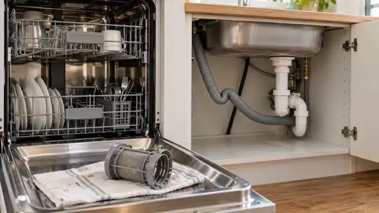 Kinked dishwasher drain hose beneath a kitchen sink