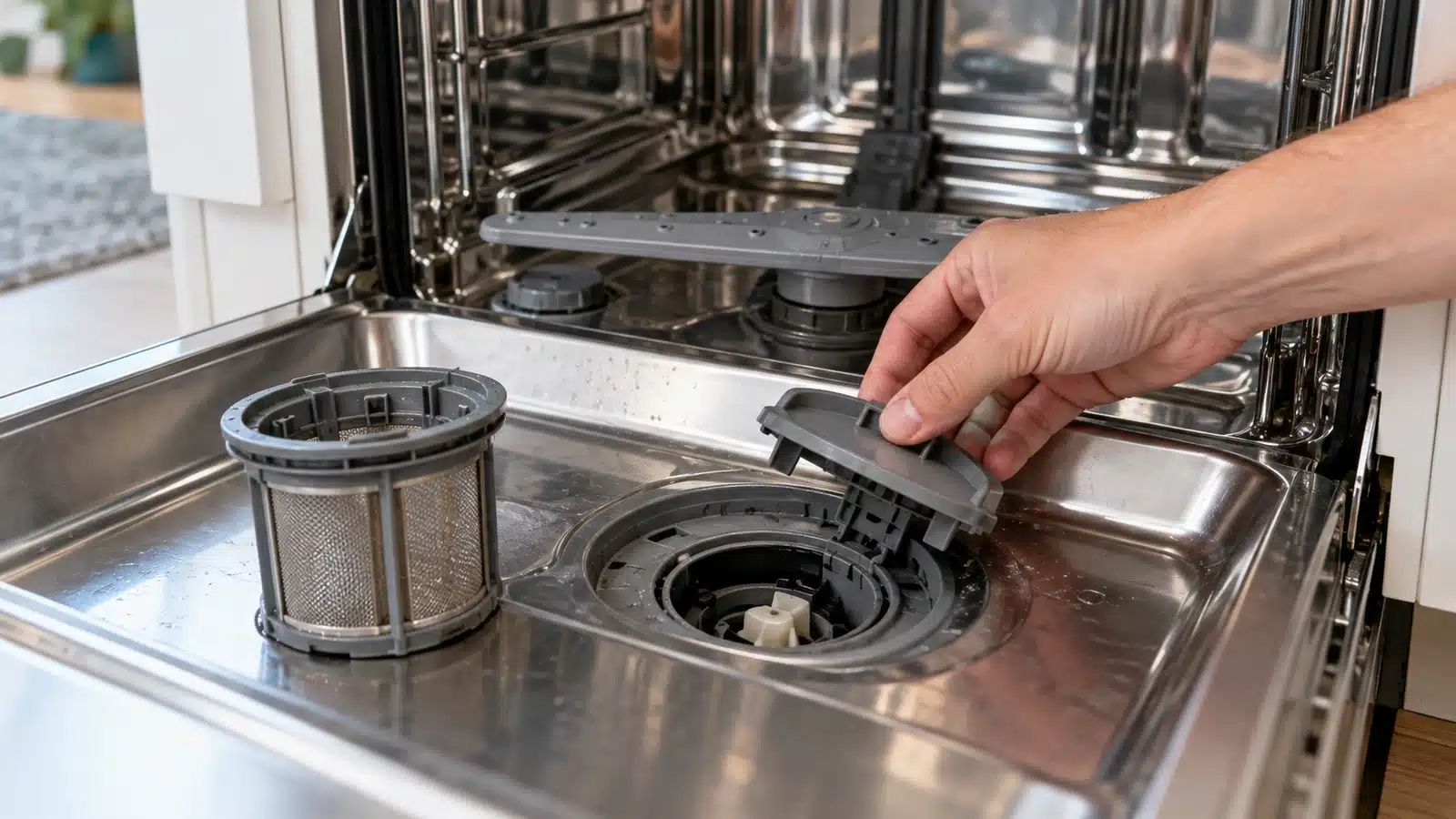 Hand lifting the drain pump cover inside an open dishwasher
