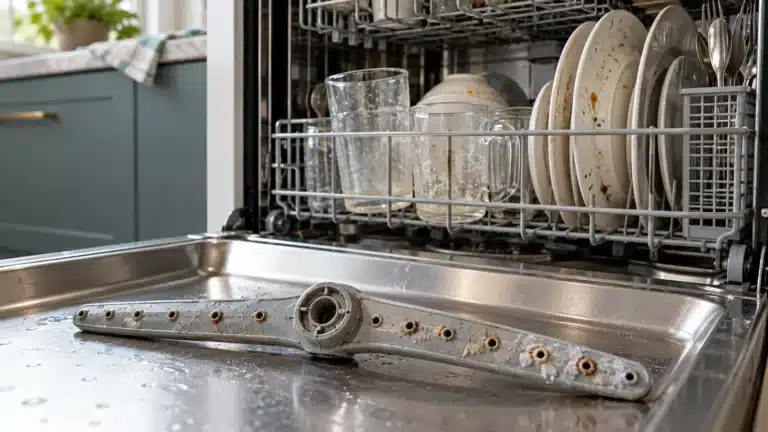 Cloudy glasses and a dishwasher spray arm with clogged holes