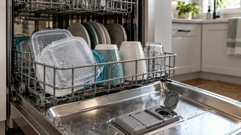 Water droplets on plastic containers in an open dishwasher
