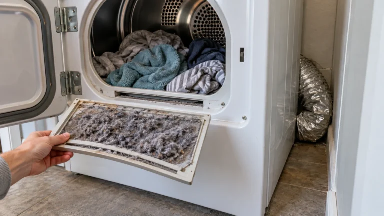 Lint-filled dryer filter and crushed exhaust duct behind an open dryer