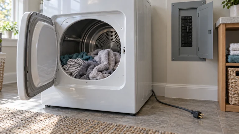 Damp clothes in a dryer beside a household breaker panel