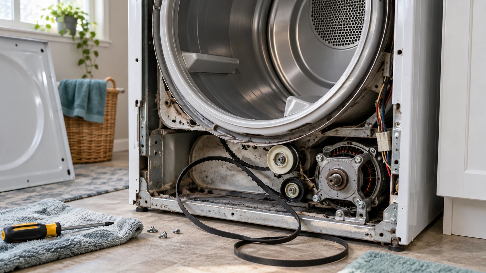 Broken dryer drive belt below an exposed stationary drum