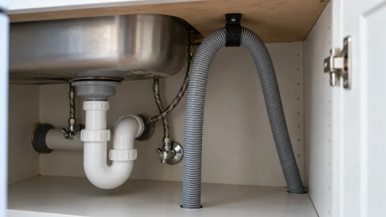 Dishwasher drain hose secured in a high loop beneath a sink
