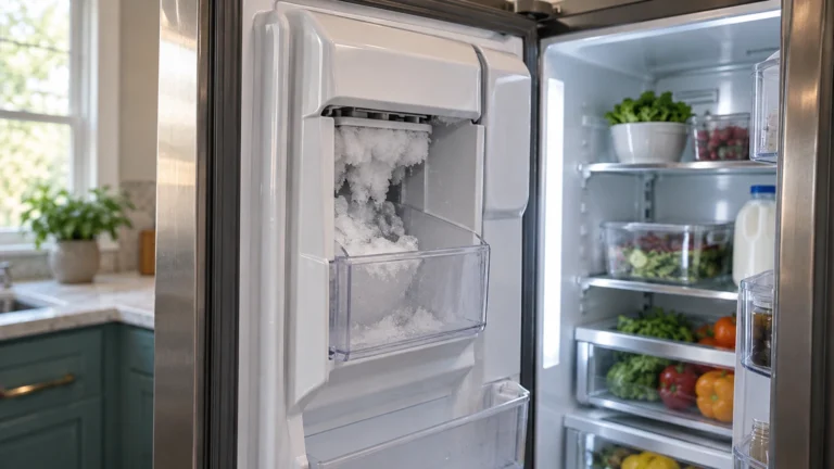 Frost around a refrigerator door ice chute