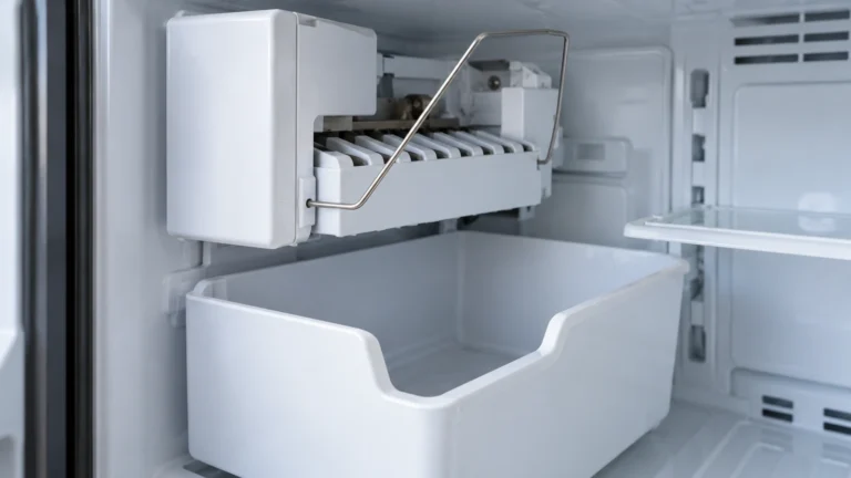 Empty freezer ice bin beneath a raised ice maker shutoff arm