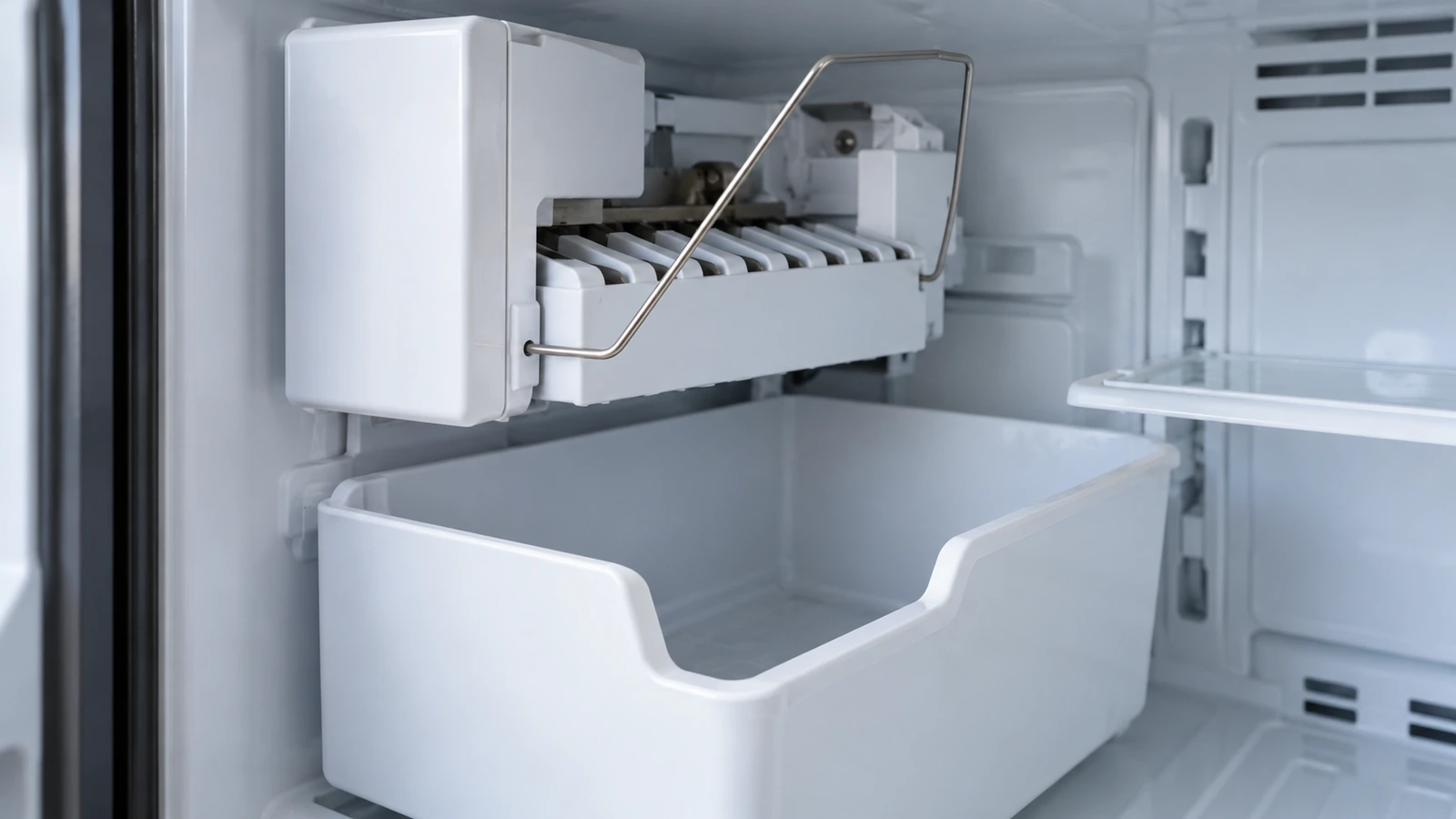 Empty freezer ice bin beneath a raised ice maker shutoff arm