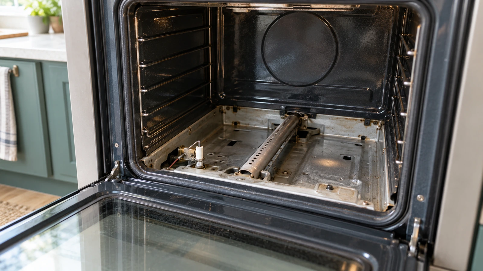 Cold gas oven igniter and burner beneath a removed floor tray