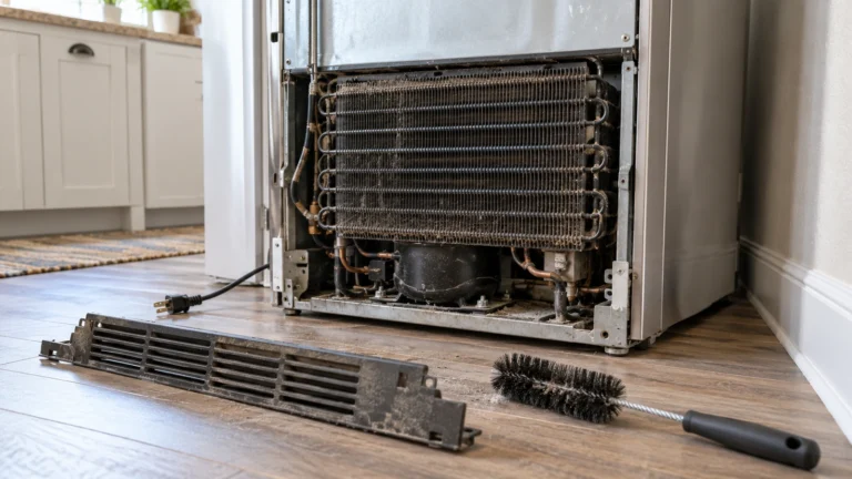 Dusty refrigerator condenser coils beside a cleaning brush
