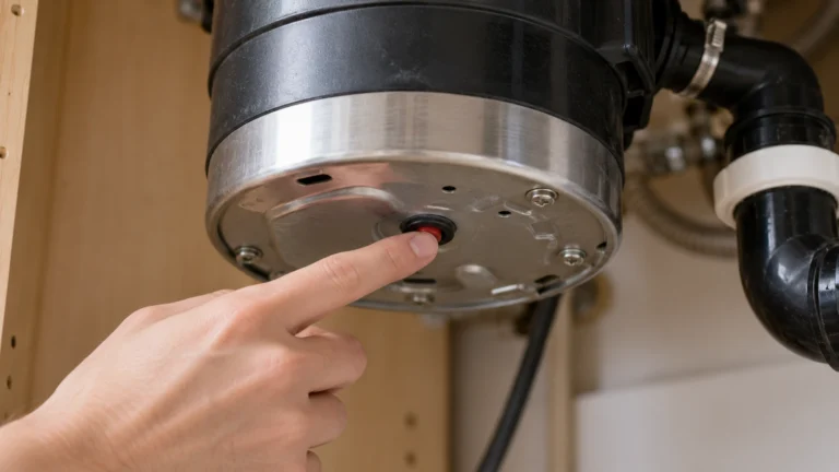 Finger pressing the red reset button beneath a garbage disposer