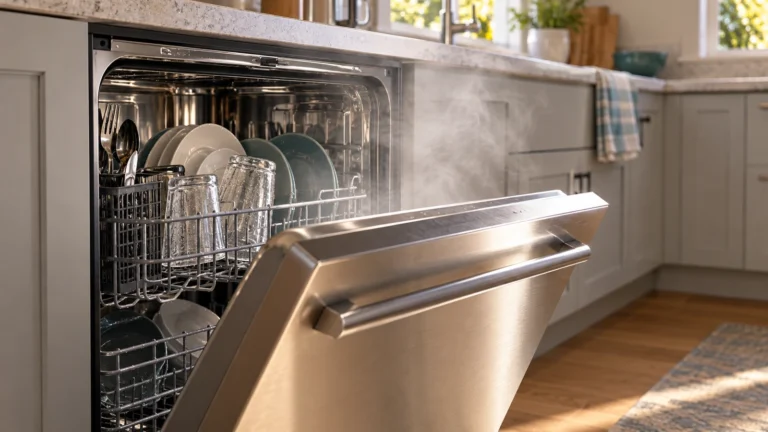 Damp dishes behind a slightly open dishwasher door
