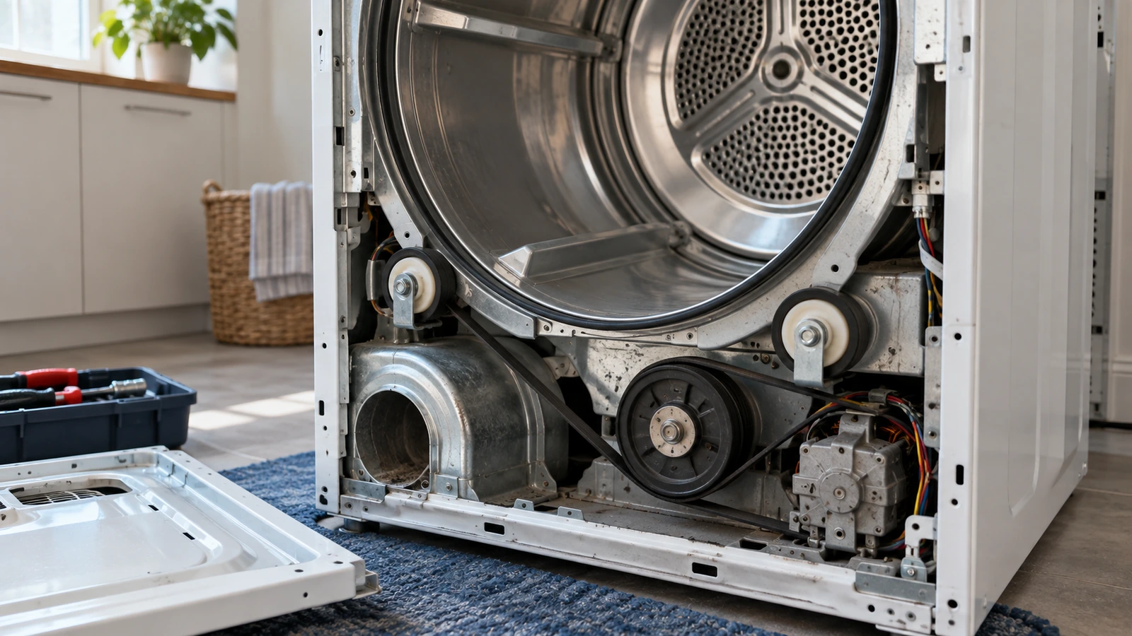 Dryer drum, support rollers and drive belt behind a removed panel