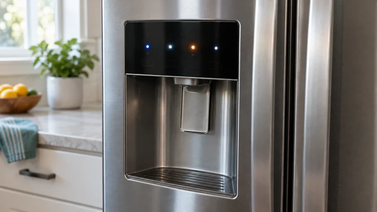 Illuminated indicator lights on a refrigerator dispenser panel