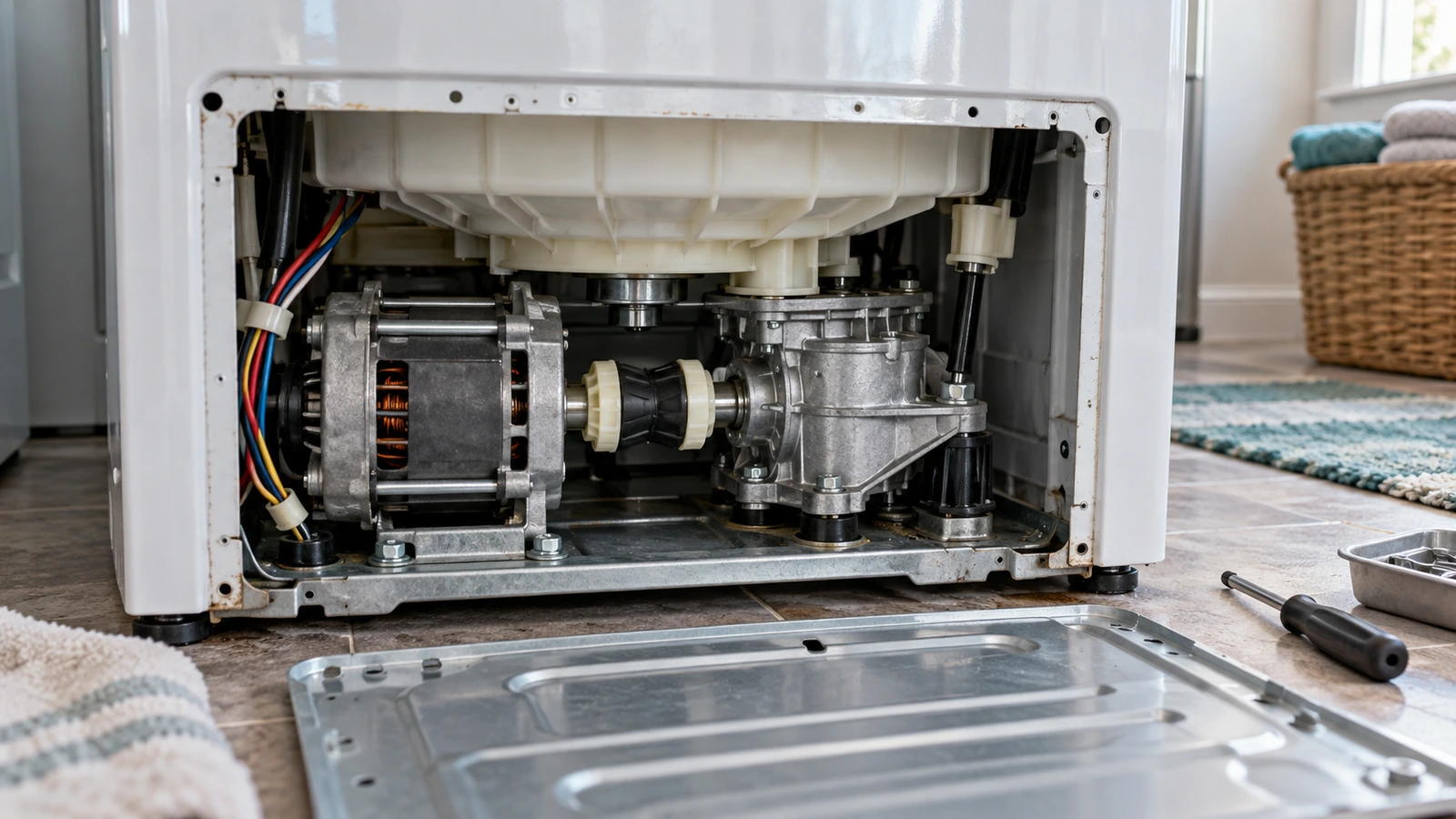 Motor coupling visible through a top-load washer service opening