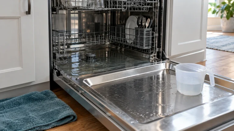 Standing water in a dishwasher with a bailing cup and towel
