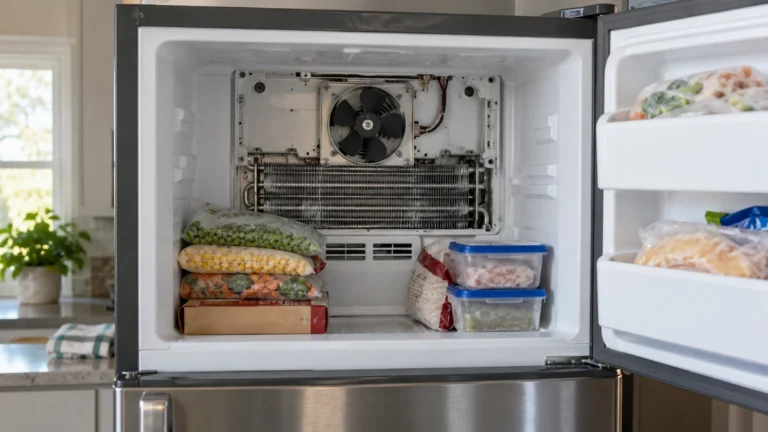 Food obstructing a refrigerator air vent near an exposed evaporator fan