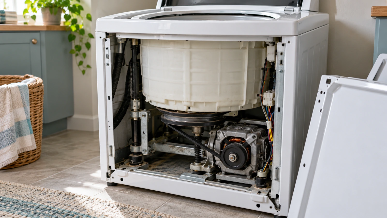 Drive belt and motor beneath a top-load washer tub