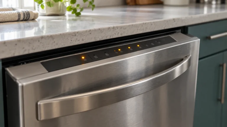 Illuminated indicator lights on a dishwasher control panel