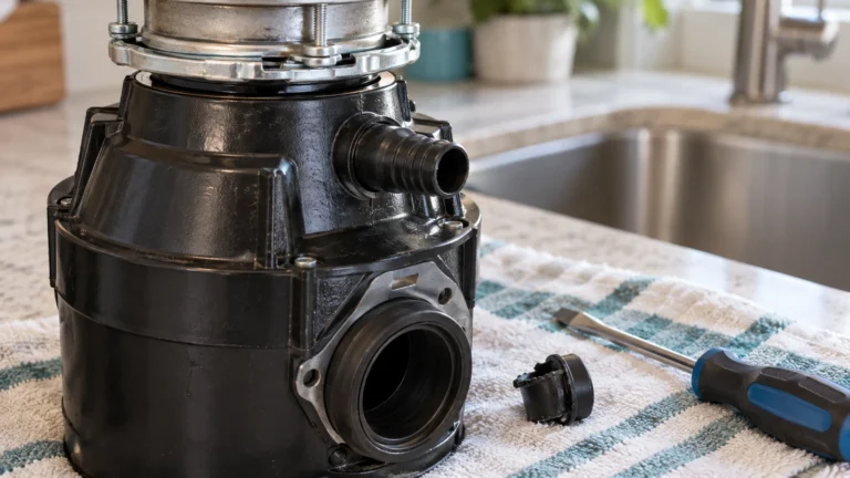 Garbage disposer dishwasher inlet beside a removed knockout plug