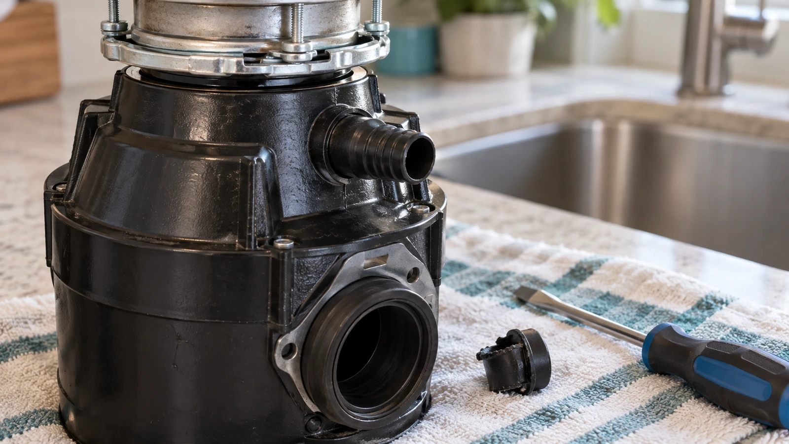 Garbage disposer dishwasher inlet beside a removed knockout plug