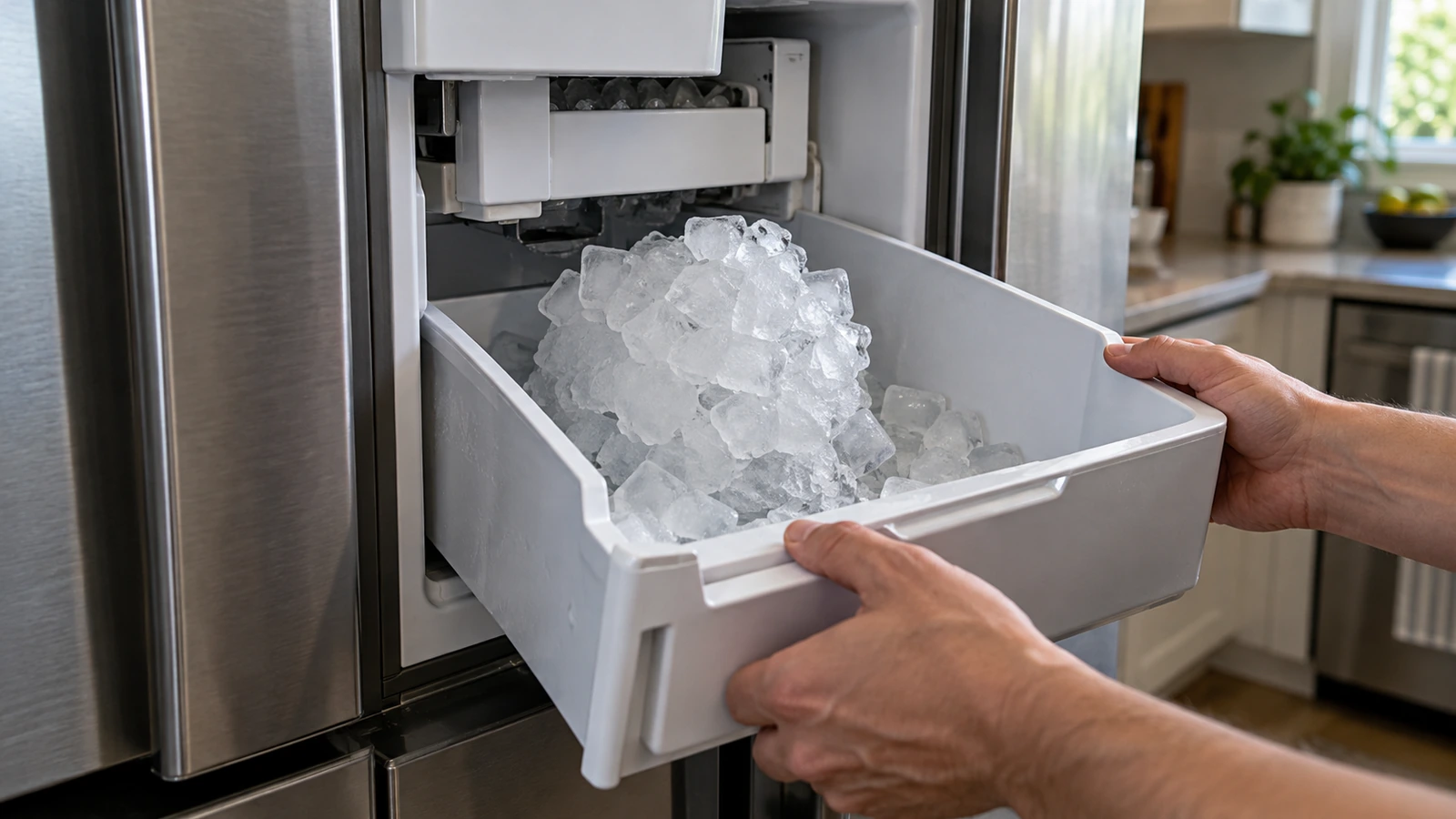 Fused ice cubes jamming a refrigerator ice bucket