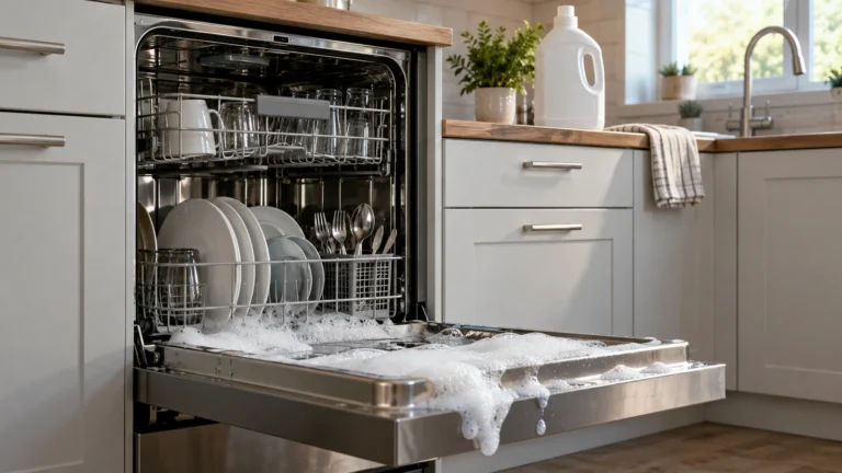 Soap foam overflowing the edge of an open dishwasher