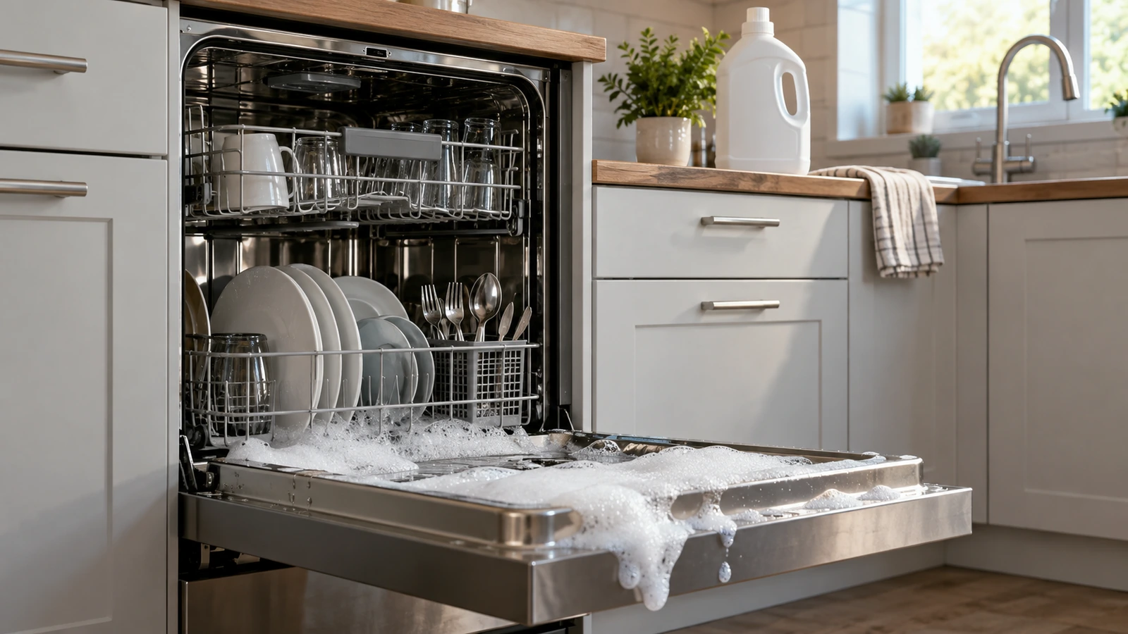 Soap foam overflowing the edge of an open dishwasher