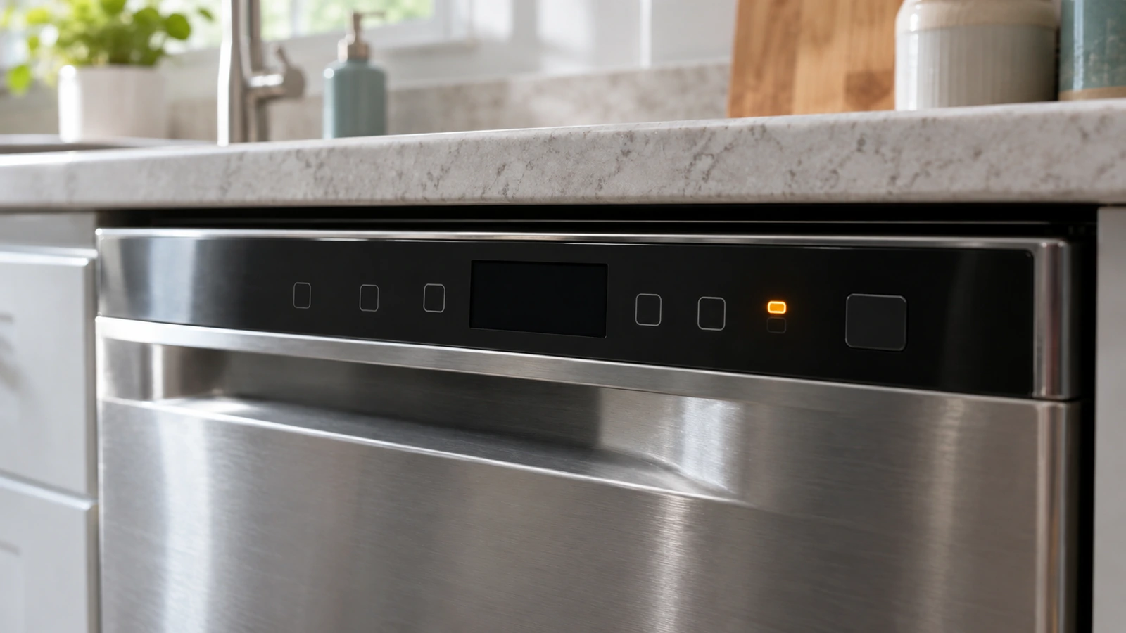 Amber warning indicator on a modern dishwasher control strip