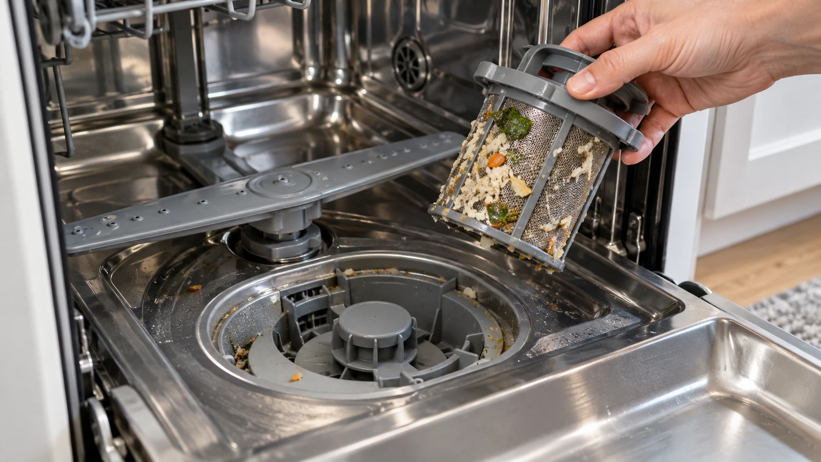 Food debris in a removed dishwasher filter beside the pump cover