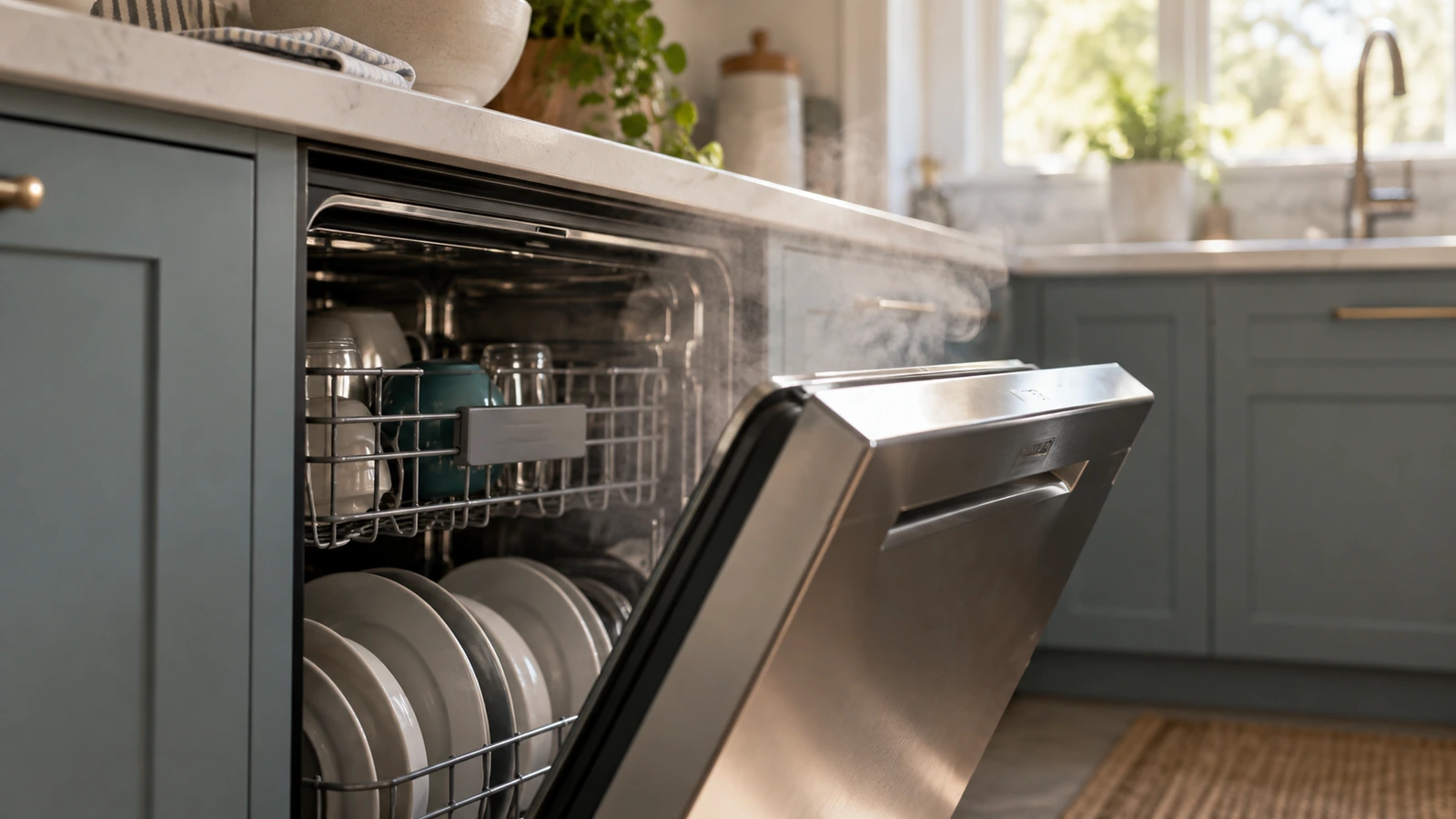 Slightly open dishwasher door with a faint wisp of steam