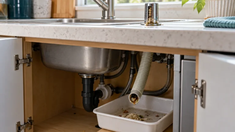 Food debris at a dishwasher drain hose opening over a catch tray