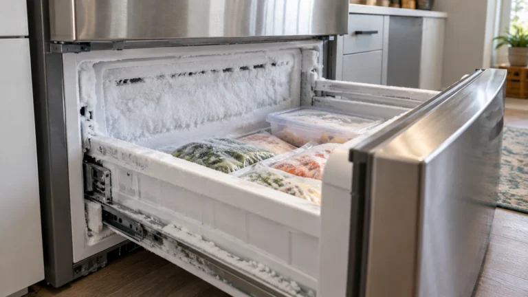 Frost buildup on the rear panel of an open bottom freezer