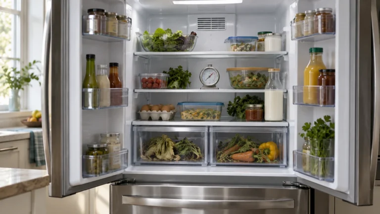 Appliance thermometer and wilted produce inside an open refrigerator