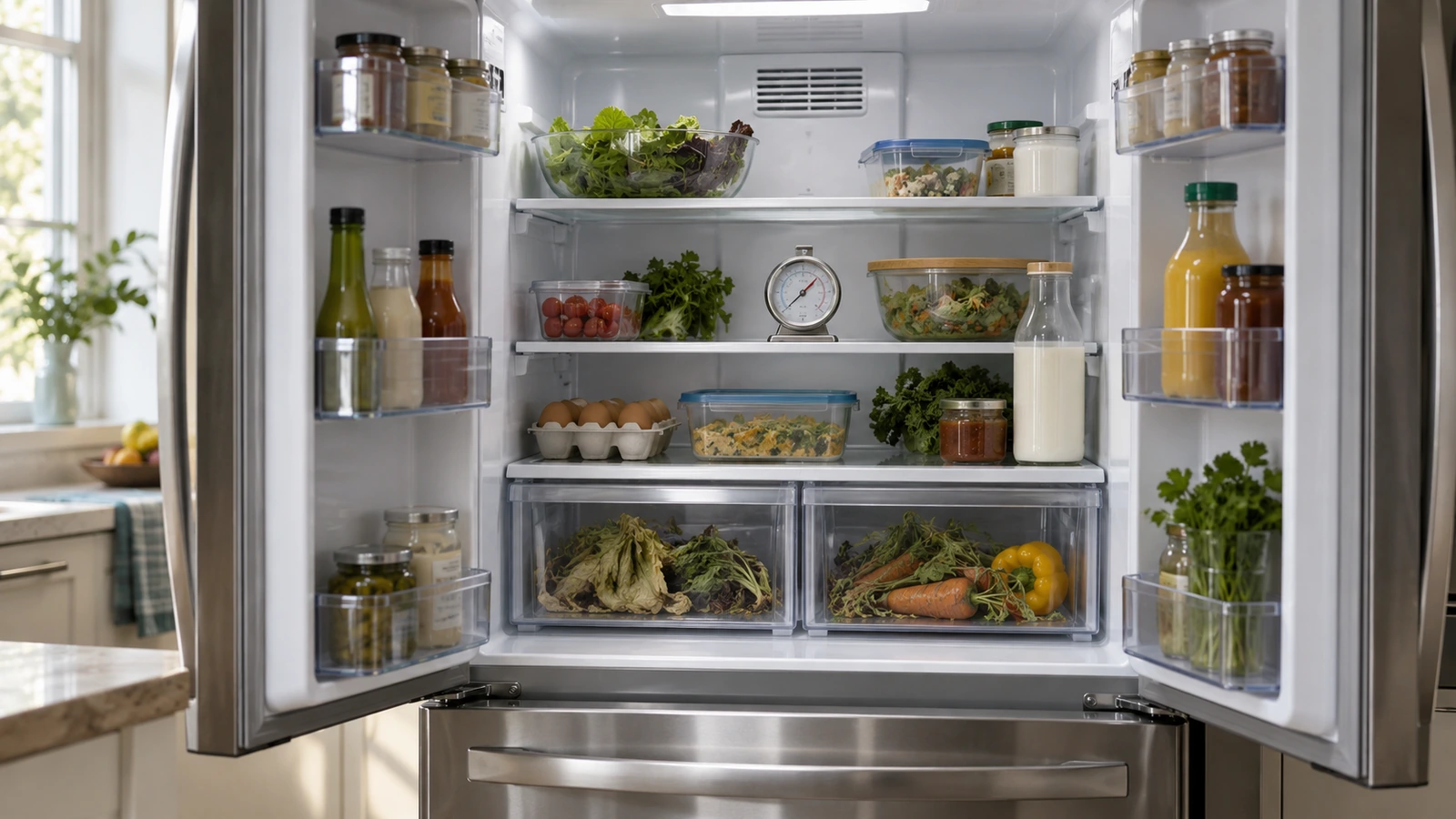Appliance thermometer and wilted produce inside an open refrigerator