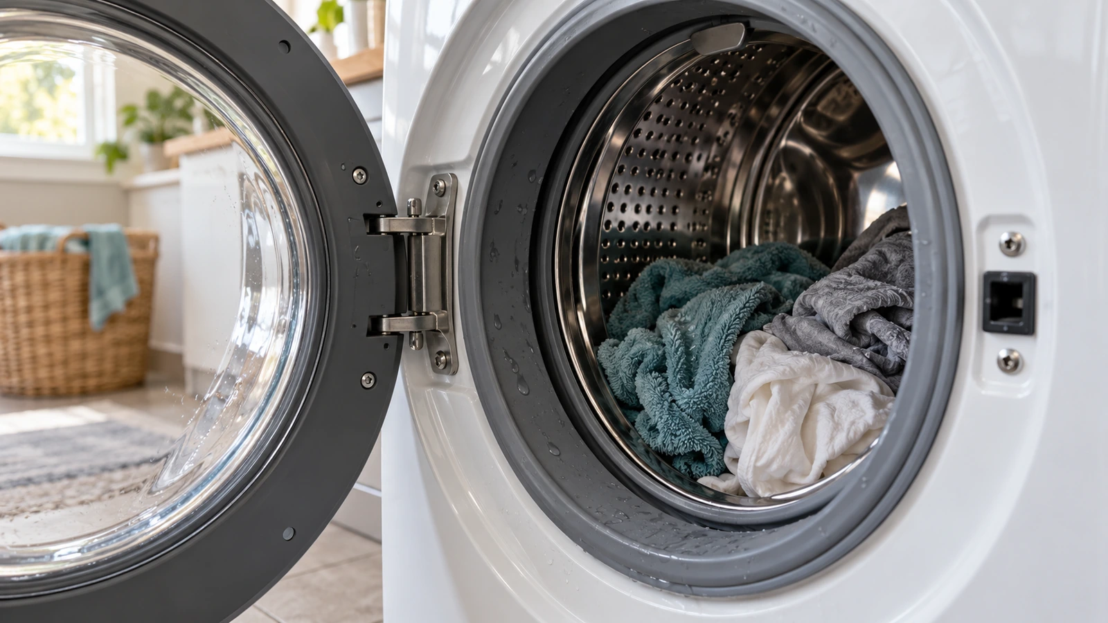 Bunched wet laundry and door latch in an open front-load washer