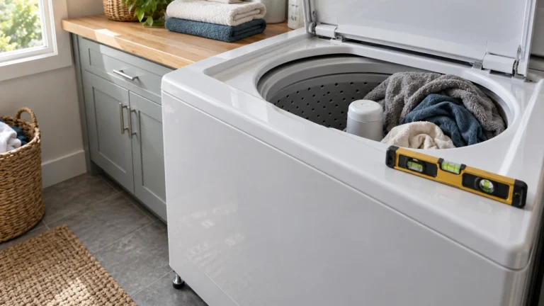 Unbalanced laundry in a top-load washer beside a bubble level