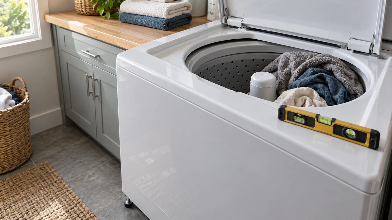 Unbalanced laundry in a top-load washer beside a bubble level