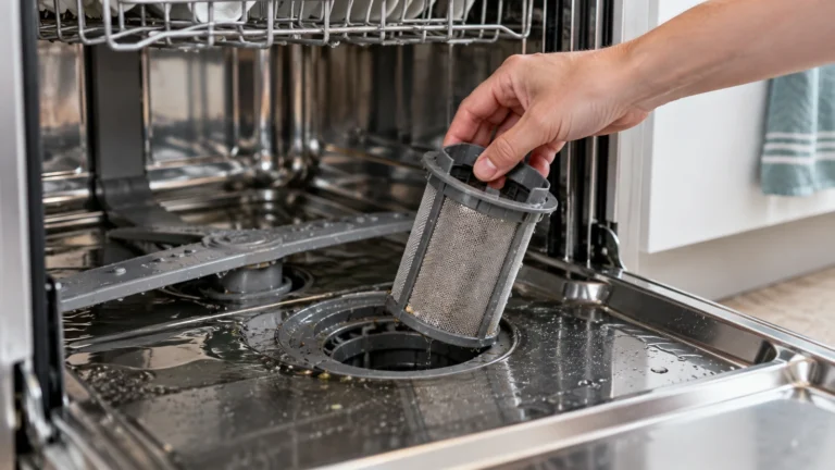 Hand removing a dishwasher filter from standing water