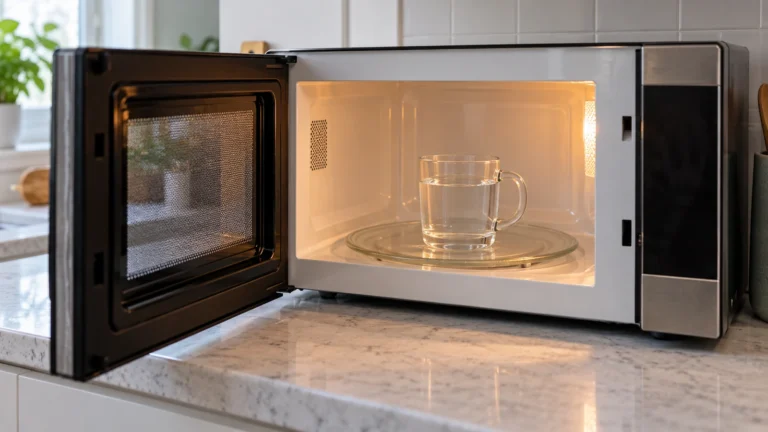 Mug of water on the turntable of an open microwave